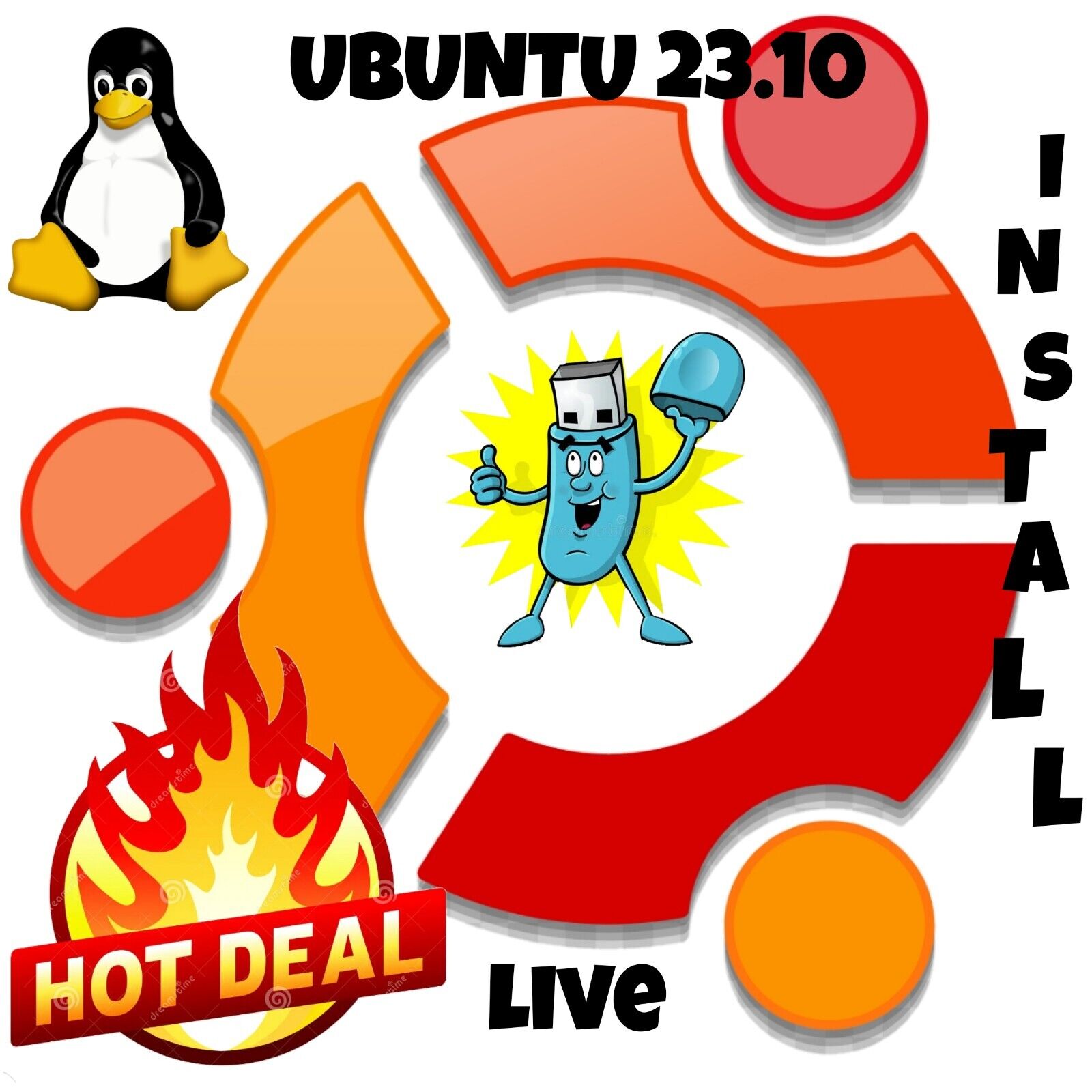 UBUNTU 23.10 LINUX USB LIVE OR FULL INSTALL, BOOTABLE, INSTALL, 32 GB USB