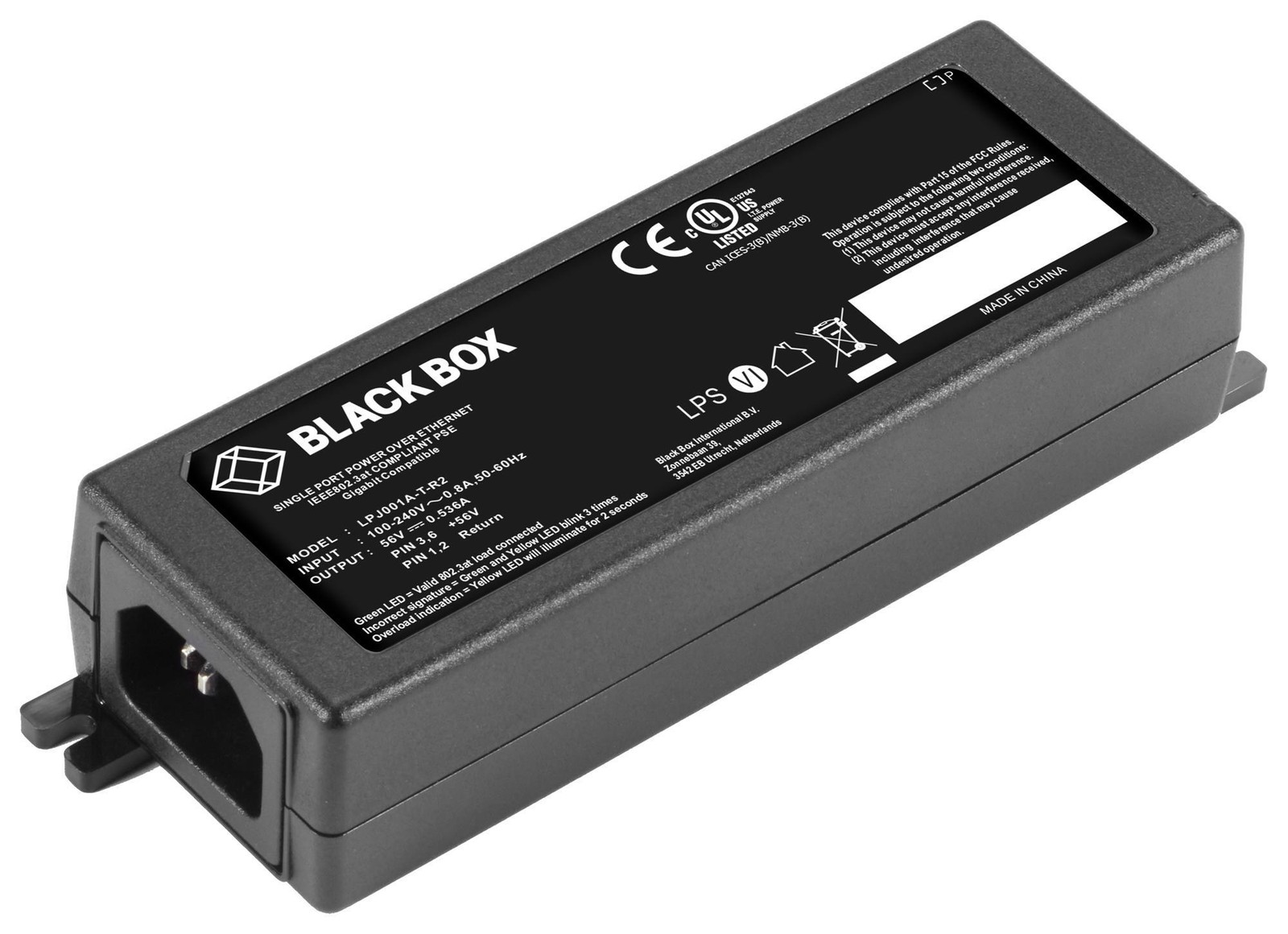 Black Box - LPJ001A-T-R2 - Black Box 1PT PoE+ Gb ENET Injector -