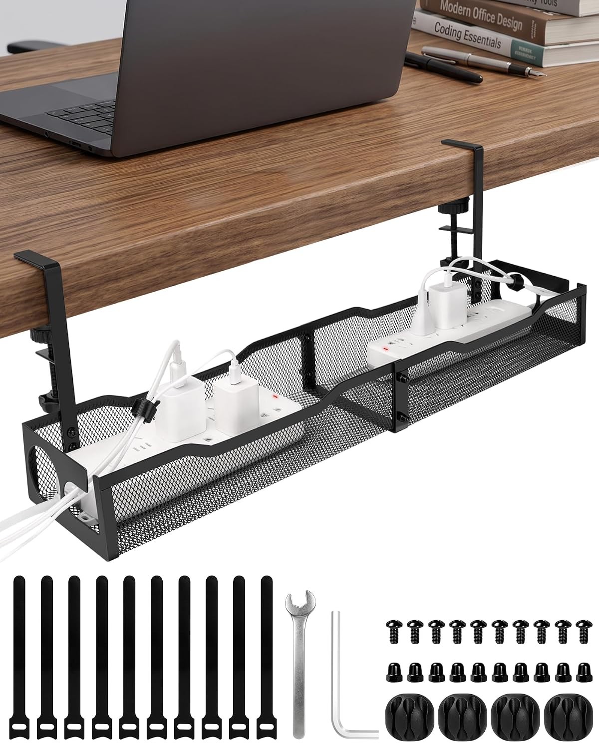 Cable Management Under Desk 25'' Metal Cord Organizer, Black