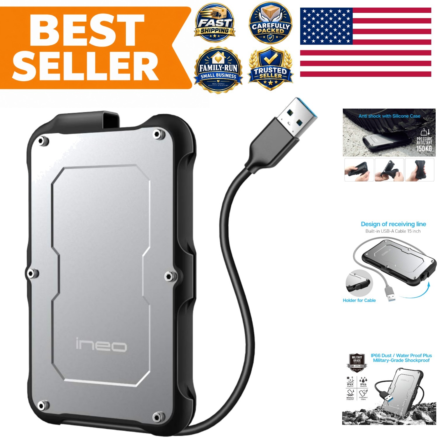 2.5" USB 3.0 Type-A Rugged Waterproof & Shockproof External Hard Drive Enclos...