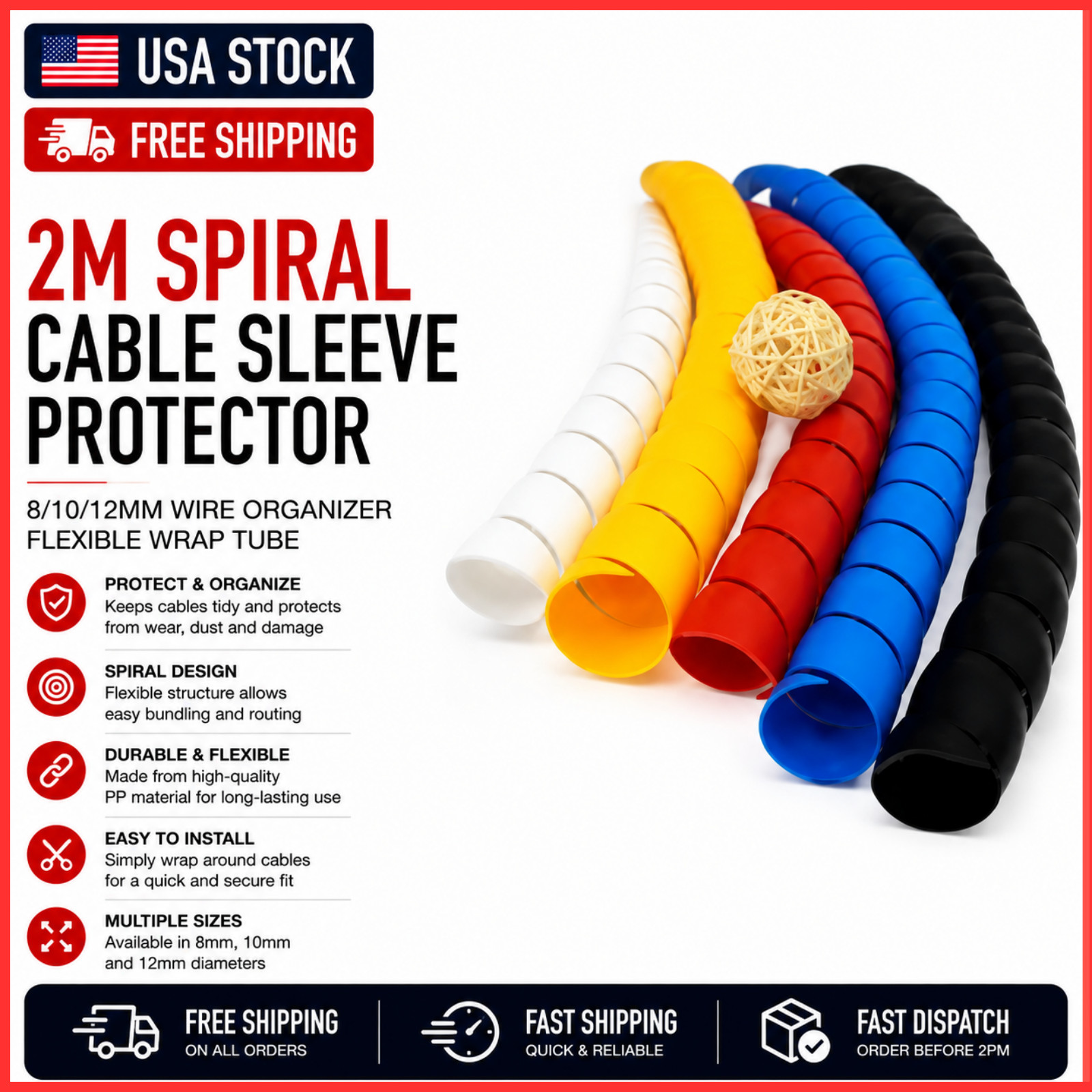 2M Spiral Cable Sleeve Protector 8/10/12mm Wire Organizer Flexible Wrap Tube