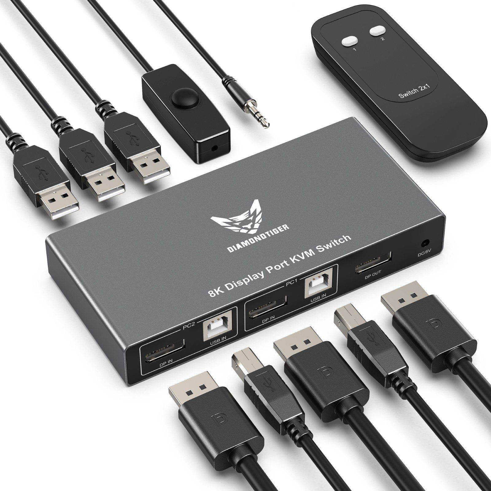 KVM Switch 8K DisplayPort 2 Computers 1 Monitor DP1.4 USB 3.0 Complete for 2 PC