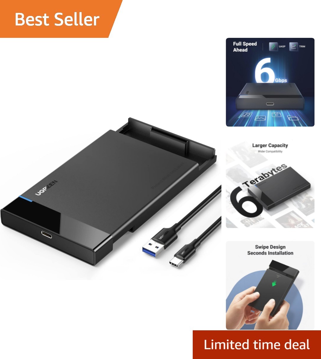 Sleek 2.5 Inch Hard Drive Enclosure - Fast 6Gbps Transfer, Compact & Lightweight
