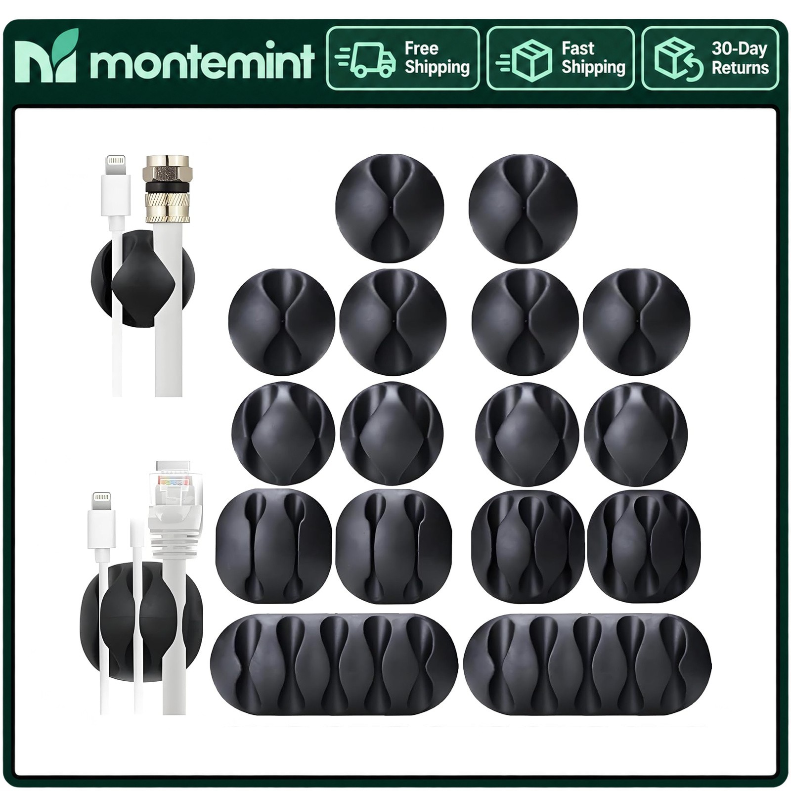 Cable Clips 16PCS Black Self Adhesive Cord Organizer Wire Holder