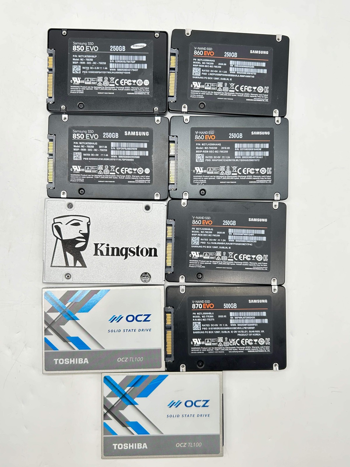 Lot of 9 SSDs 8x 250GB + Samsung 870 EVO 500GB Mixed Brands AS-IS UNTESTED