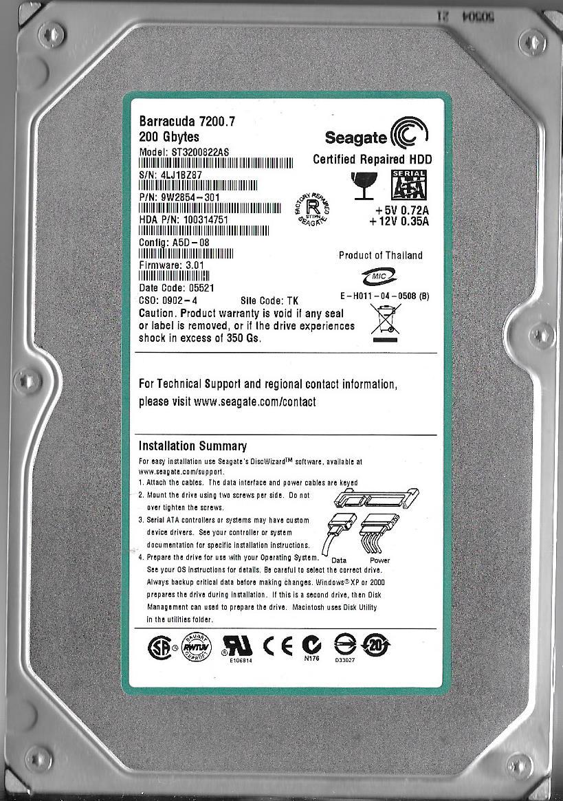 SEAGATE ST3200822AS 200GB SATA HARD DRIVE  P/N: 9W2854-301  4LJ  TK  FW: 3.01