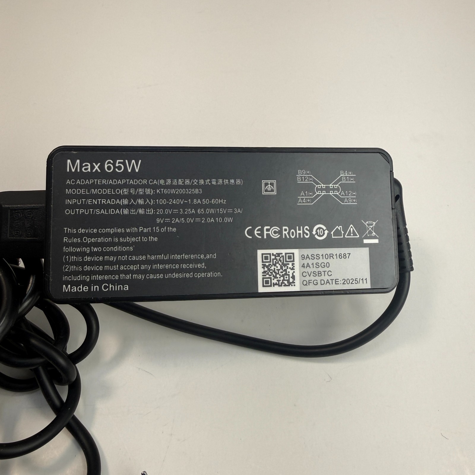 REPLACEMENT AC ADAPTER KT60W200325B3 20V 3.25A 65W USB-C PLUG For Dell/Lenovo