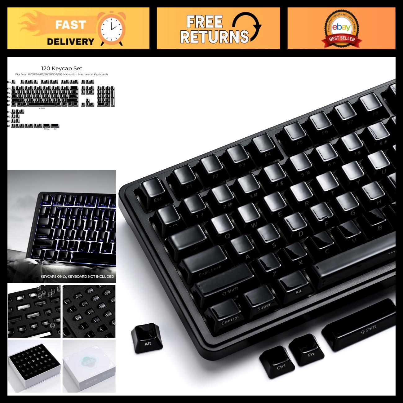 Ceramic Keycap Set 120 Keys Black Side Printed for MX Switches, Cherry Profile,