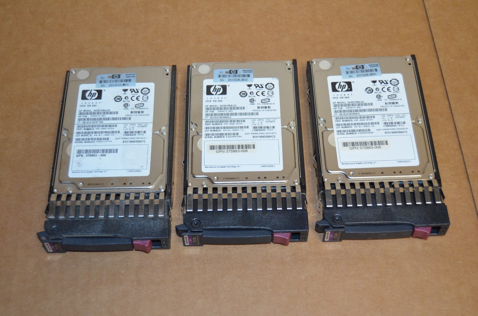 LOT OF 3 HP 72GB HARD DRIVE 10000RPM (DG0072BALVL) HDD
