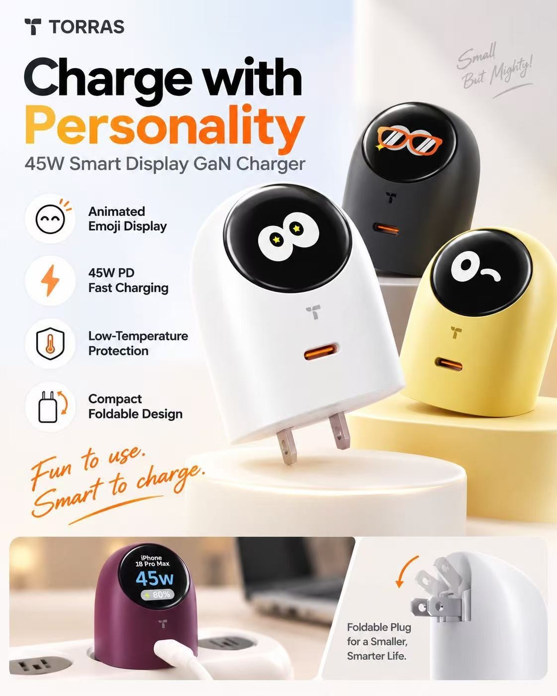 TORRAS 45W USB C GaN Fast Charger Smart Emoji Display PD for iPhone MacBook