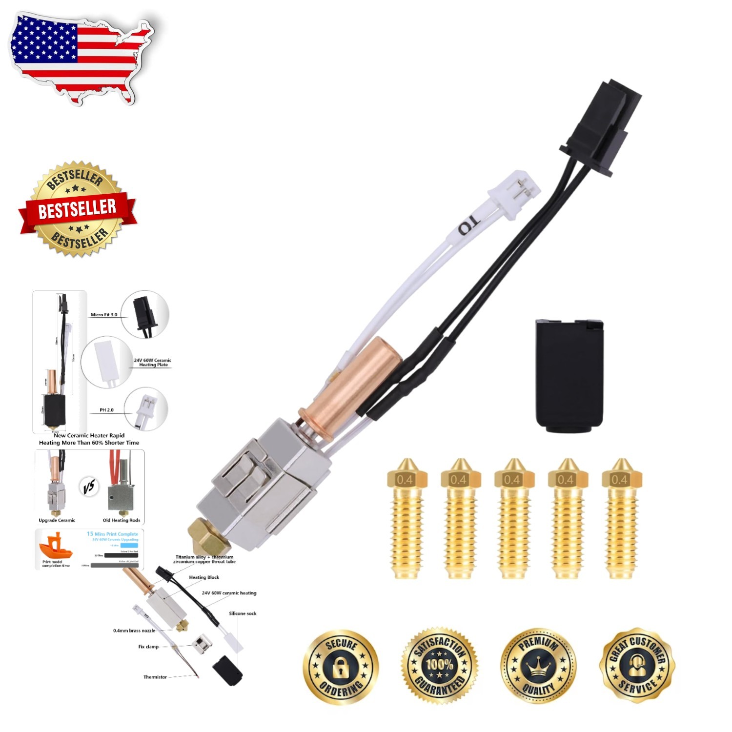 Durable Kobra 2 Ceramic Hotend: 24V 60W, Nickel-Plated Block, Titanium Throat