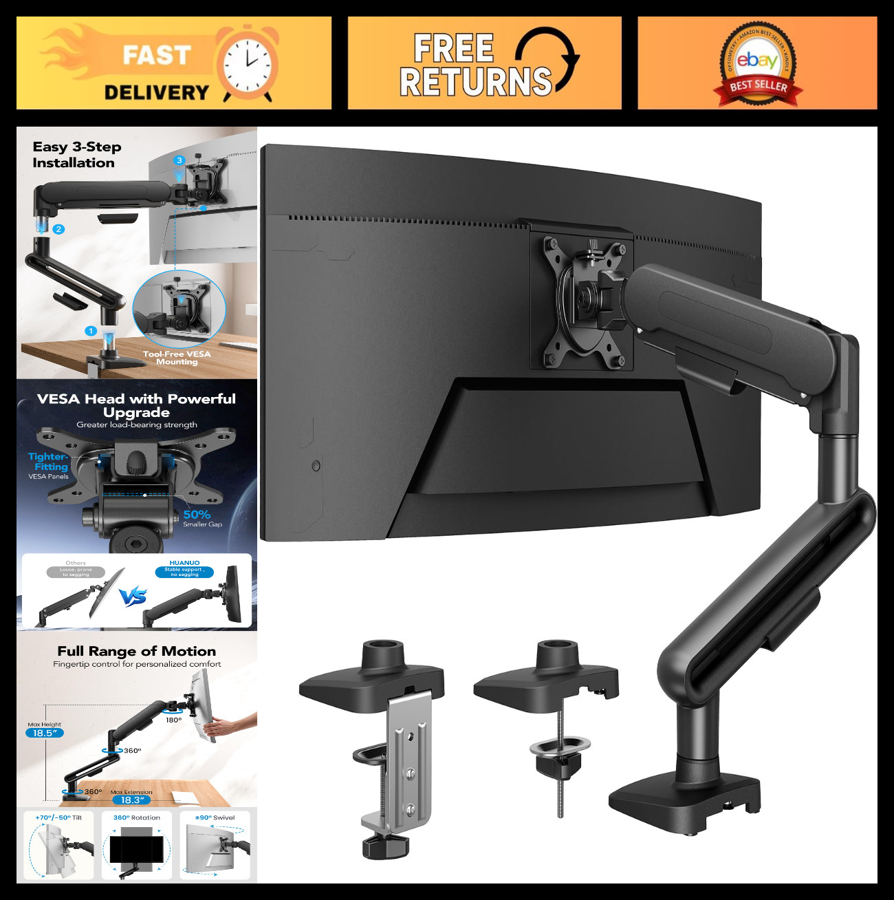 Ultrawide Monitor Arm for 13-40" Screens, Adjustable C-Clamp & Grommet Mount, VE