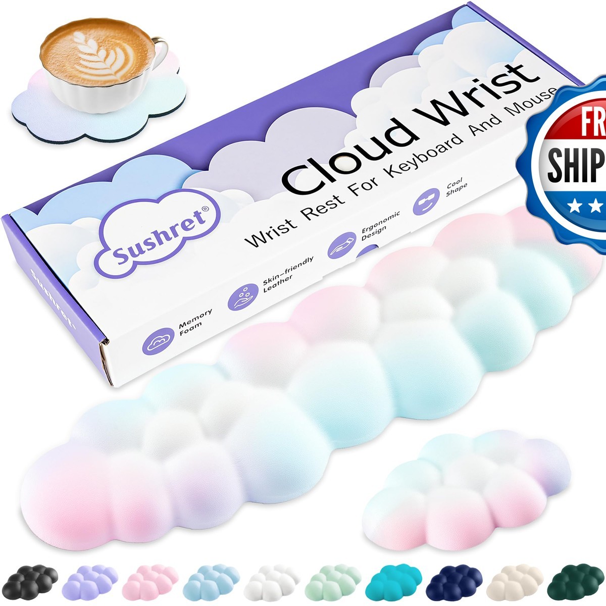 Sushret Cloud Wrist Rest Keyboard Pad Set PU Leather Memory Foam - Rainbow