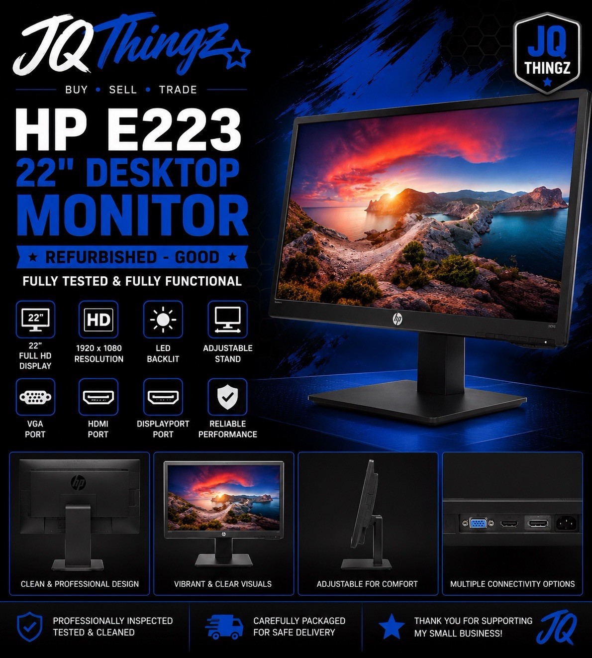 HP EliteDisplay E223 22" LED 1080p Monitor VGA HDMI DisplayPort Adjustable Stand