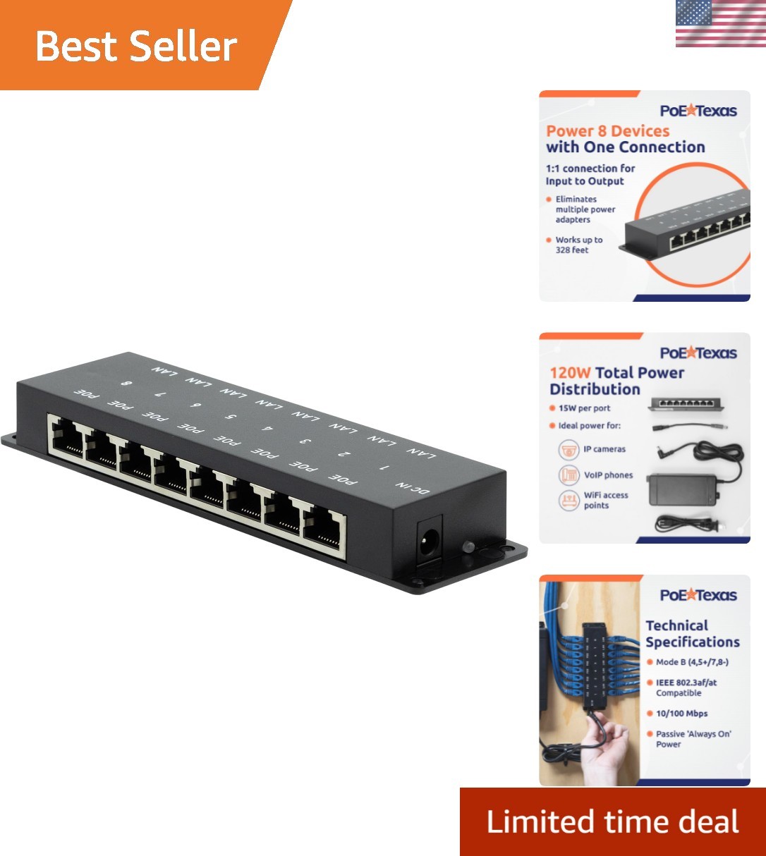 8-Port Passive PoE Midspan Injector, 48V 120W - Consistent Power for Networks