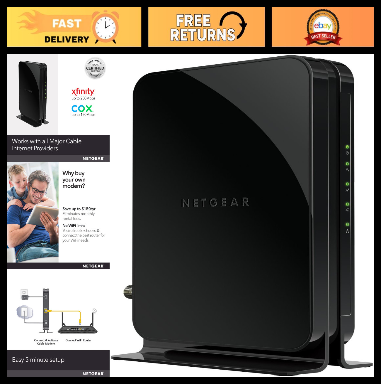 High-Speed DOCSIS 3.0 Cable Modem for Xfinity, Cox - Up to 400 Mbps, Compatible