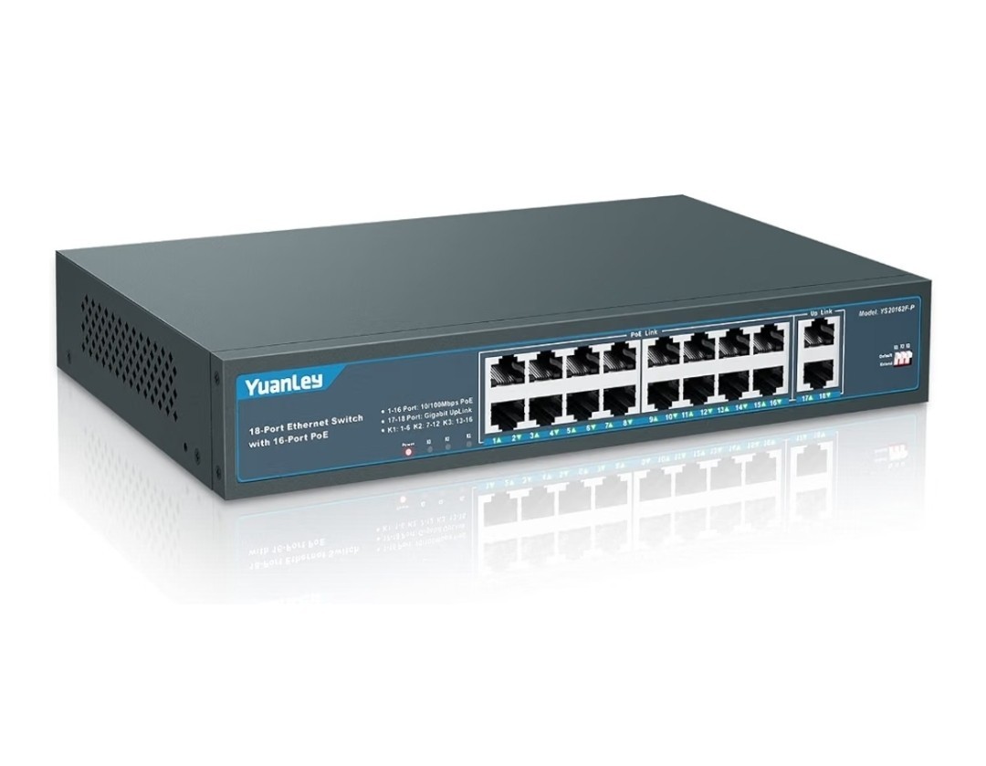 YuanLey 18 Port PoE Switch, 16 PoE Port 100Mbps, 2 Uplink Gigabit, 250W Built-in