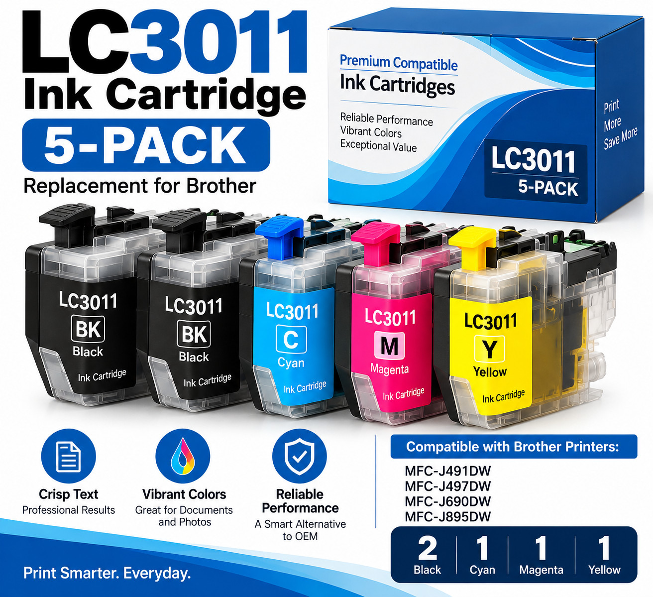 LC3011 Ink Cartridges 5-Pack for Brother MFC-J491DW J497DW J690DW J895DW