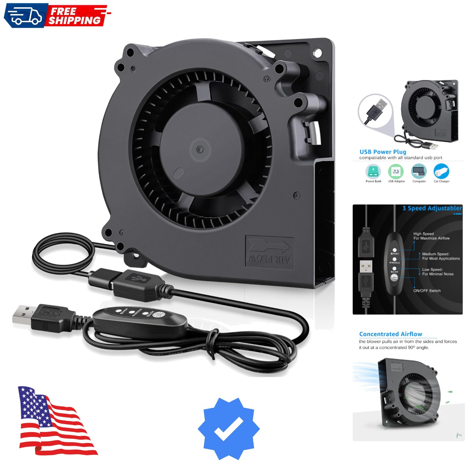 Quiet 120mm USB Blower Fan with 3 Speed Control, 5V Squirrel Cage Blowers, DC...