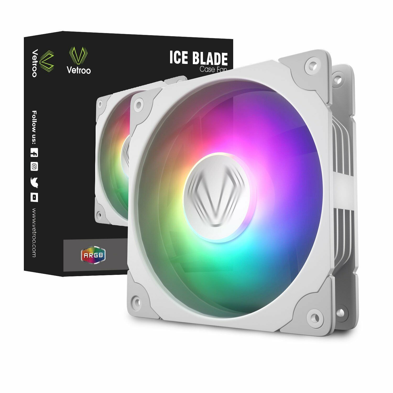 1x Vetroo White Frame ARGB 120mm LED Gaming Computer Case Cooling Fan