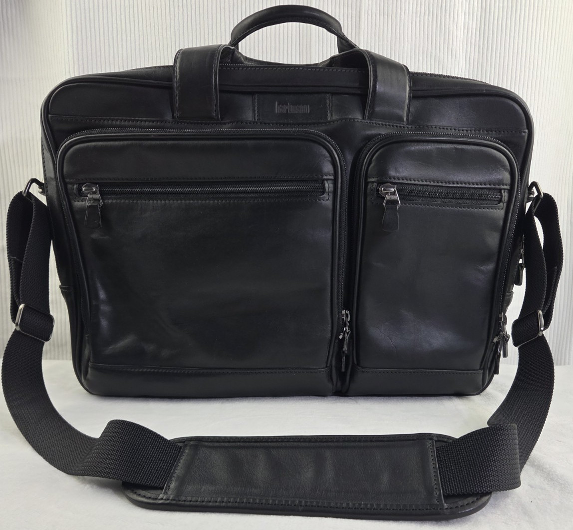 Hartmann Leather Briefcase Black Laptop Bag Dual Compartment Business Travel