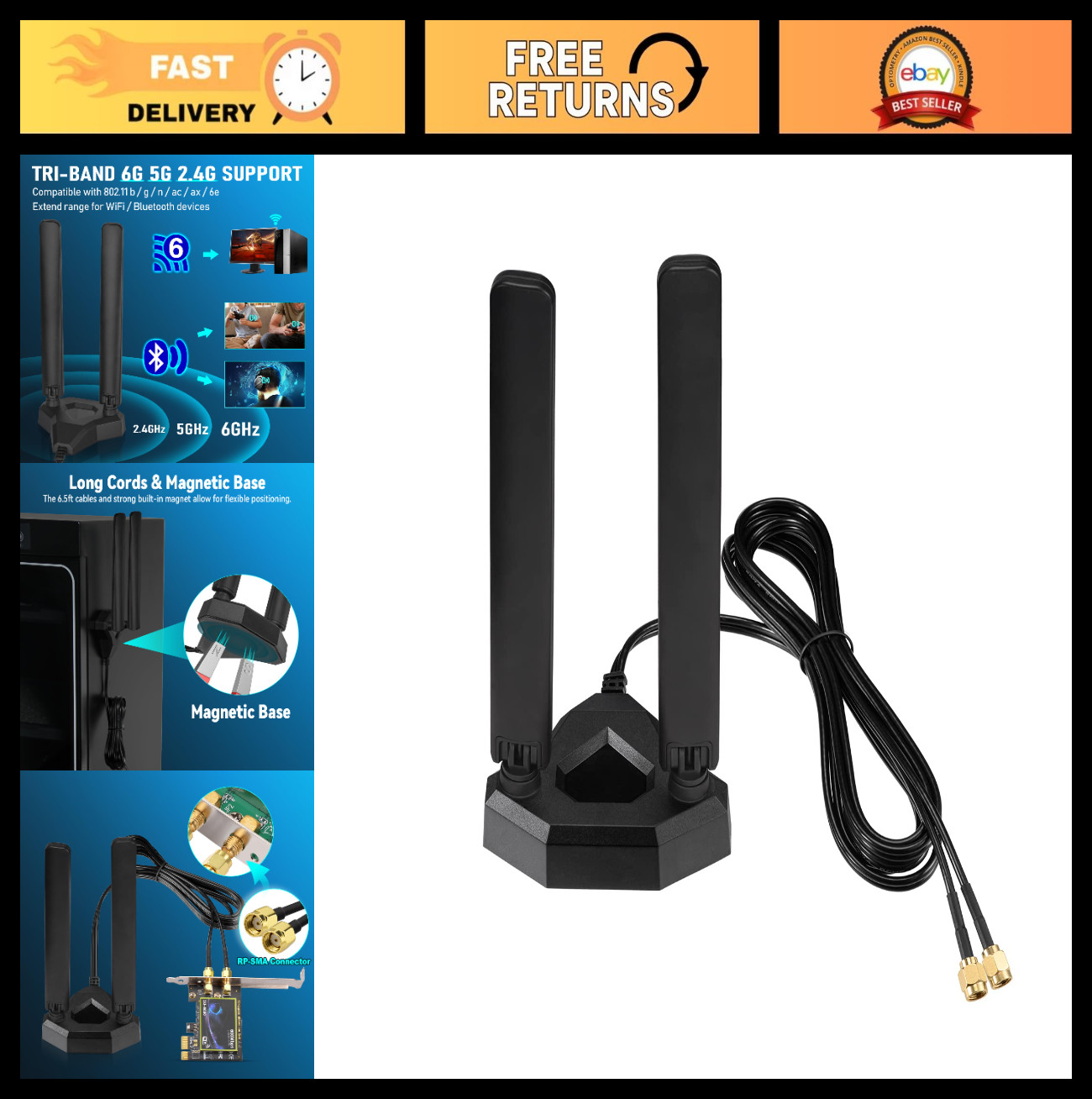 WiFi 6E Tri-Band Antenna 6GHz 5GHz 2.4GHz Gaming WiFi Antenna