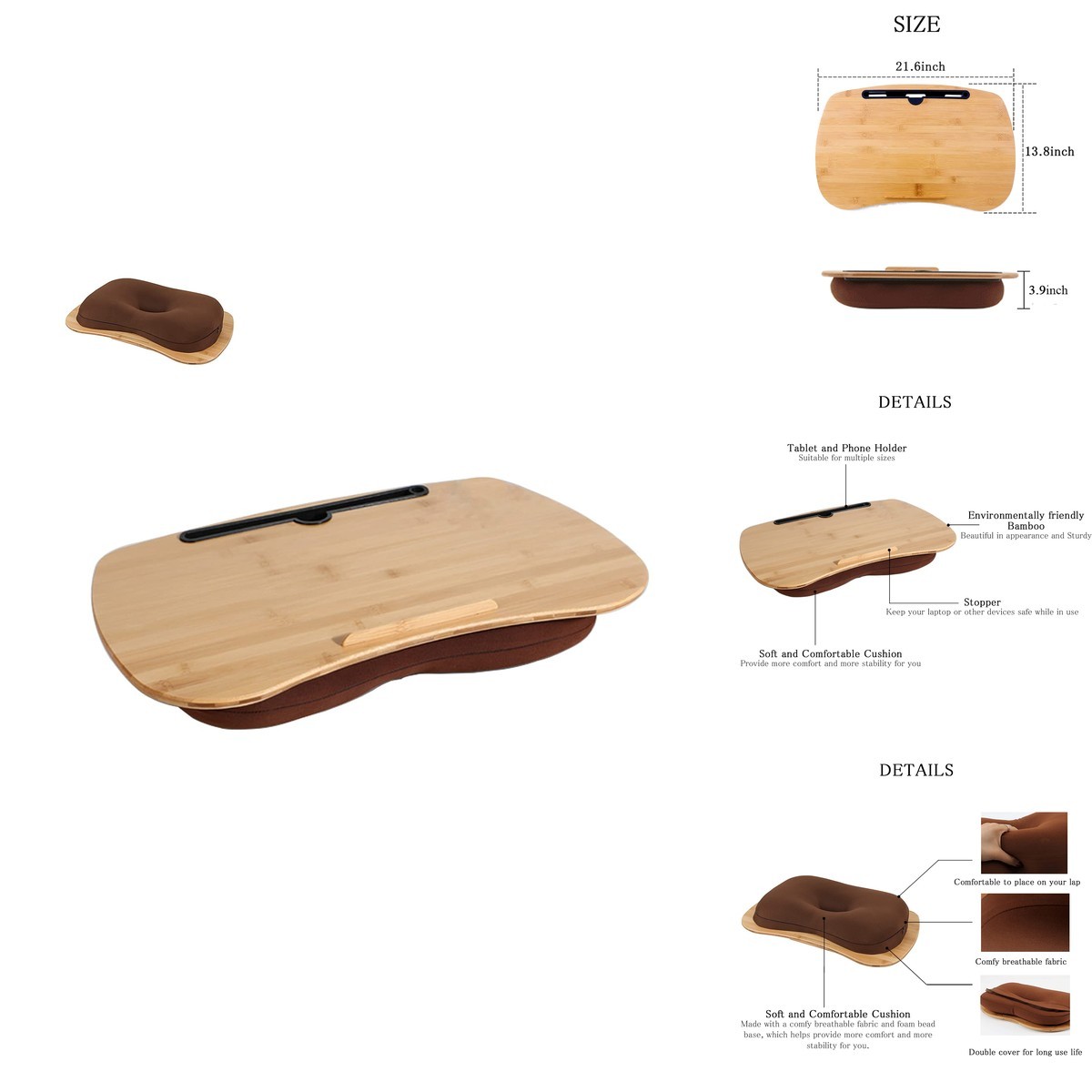 SUMISKY Lap Desk-Portable Laptop Table Cushion Bamboo Platform Phone Holder
