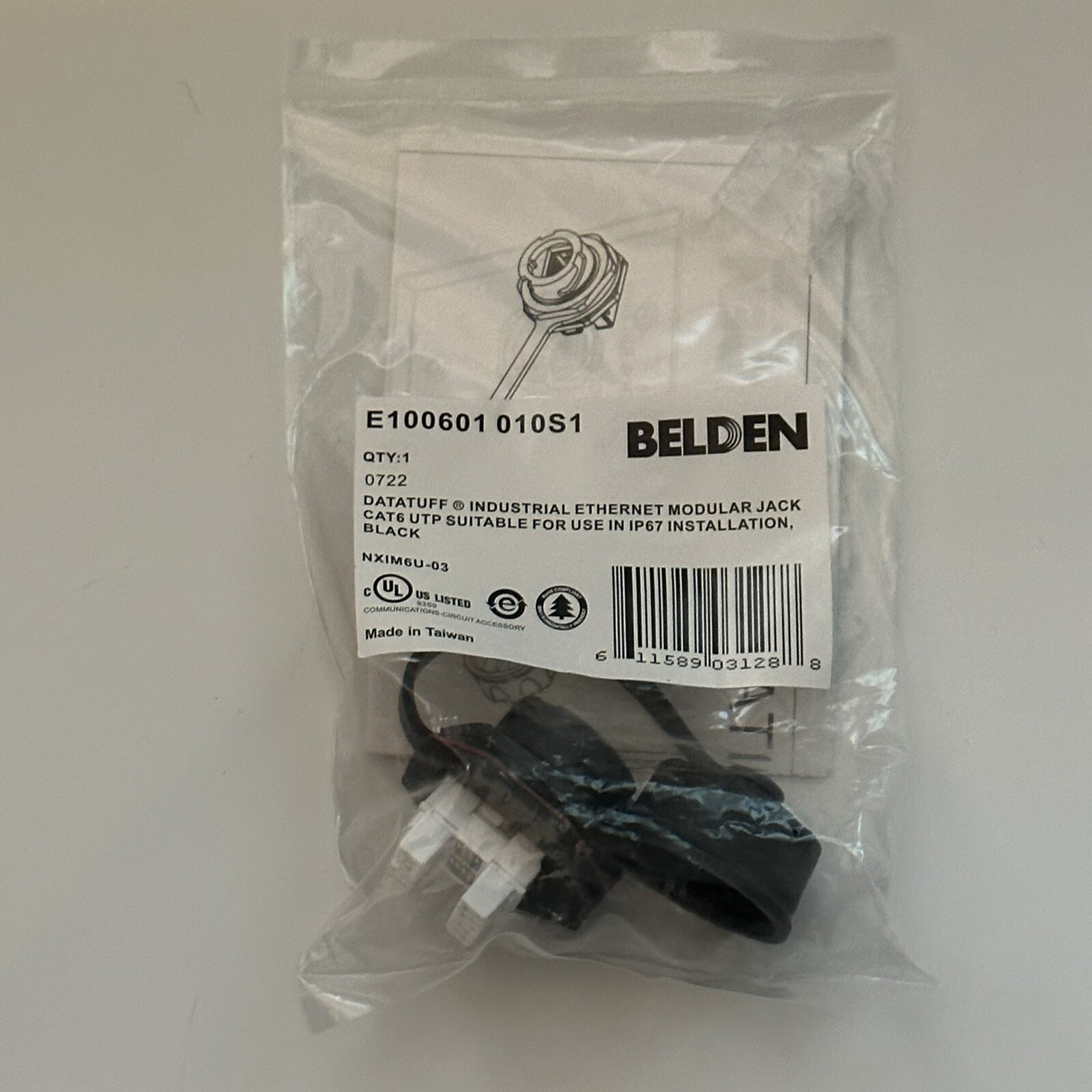 Belden E100601 010S1/DataTuff Industrial Modular Jack Cat6, UTP, black, tethered
