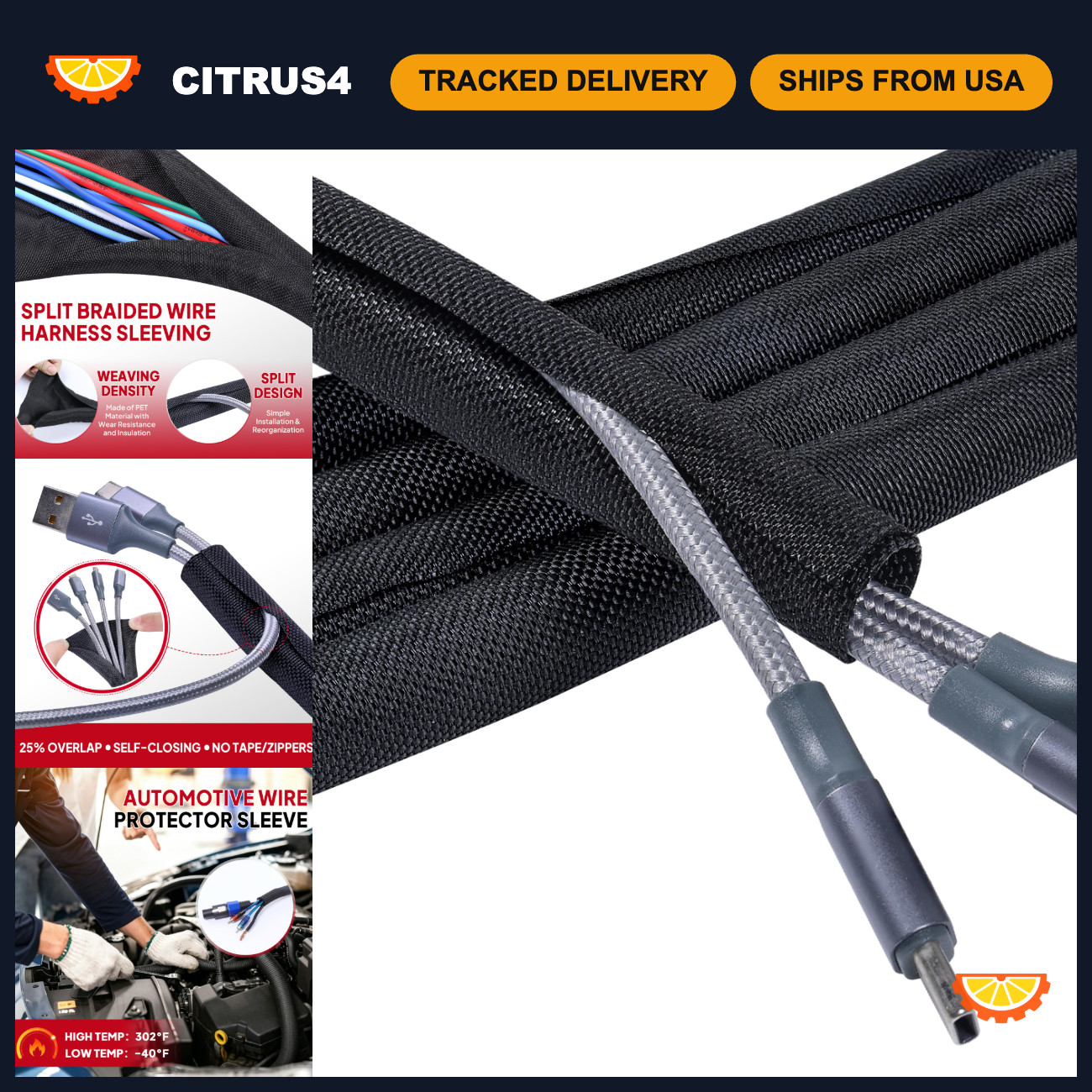 12ft Black Split Braided Cable Management Sleeves - 1/2 Inch Wire Organizer
