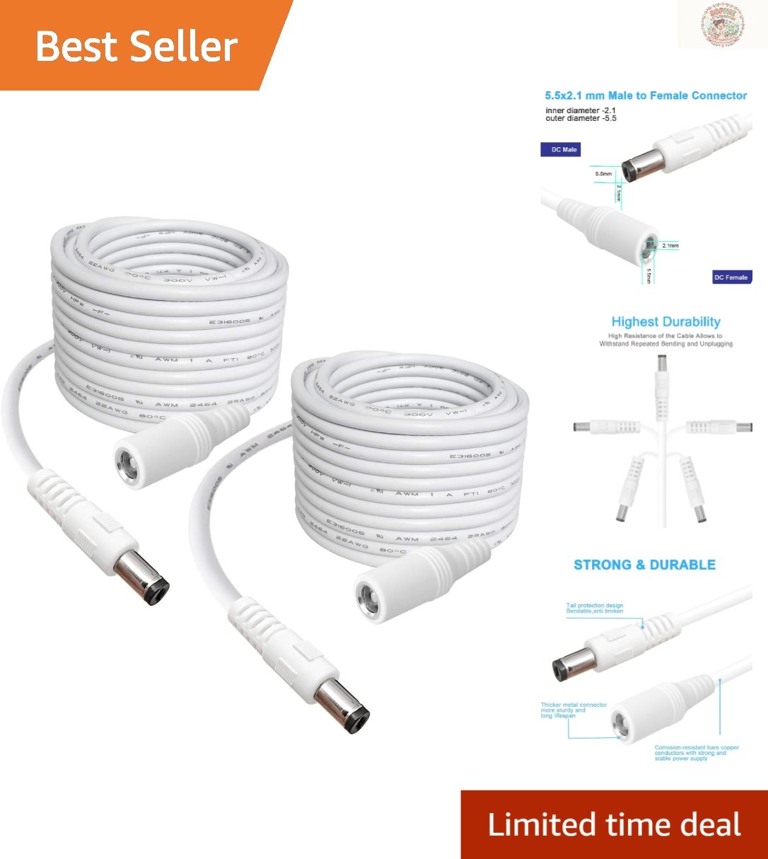 10FT 5.5mm x 2.1mm DC Power Extension Cord for Security Equipment