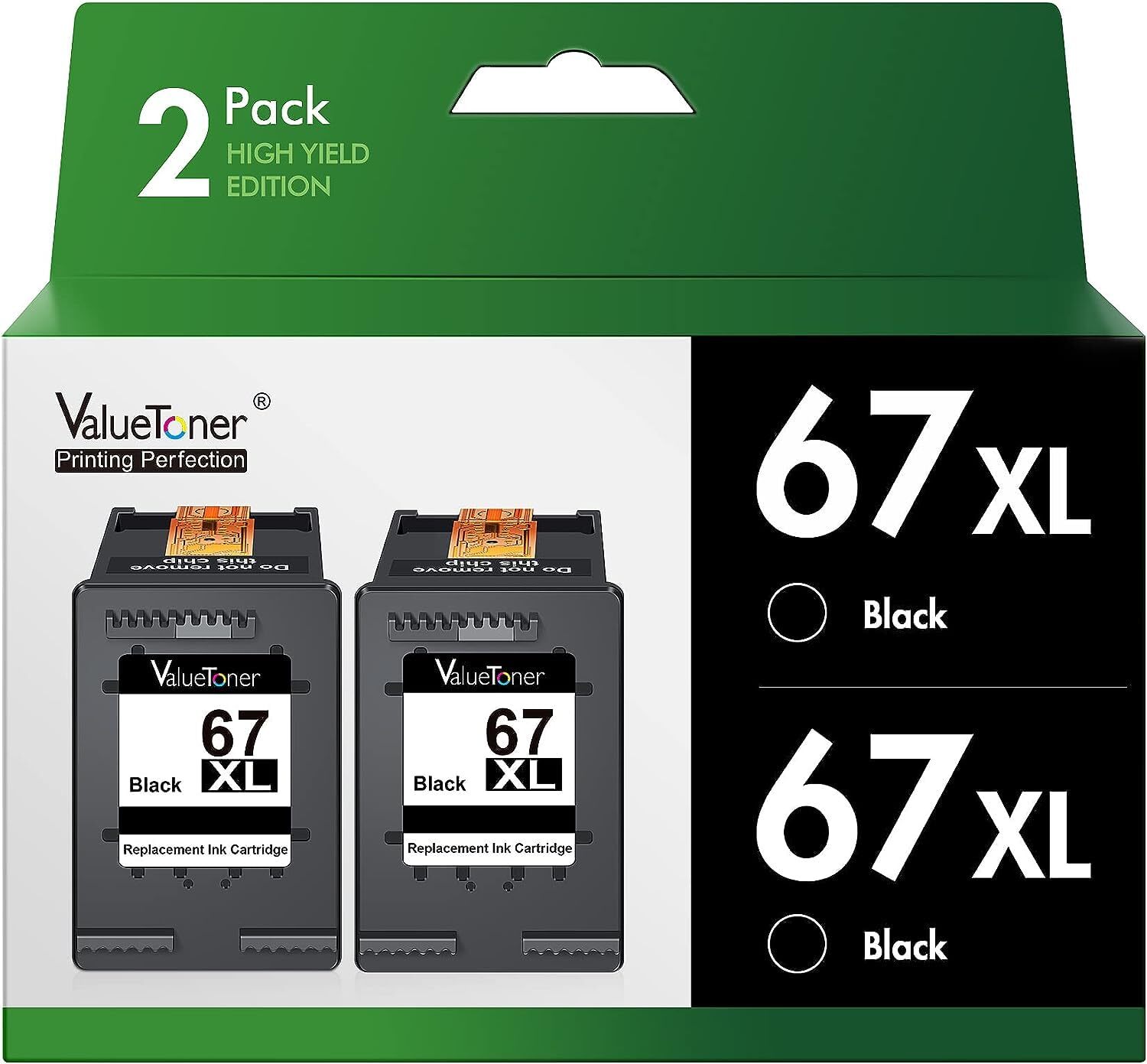 67XL Black Ink Cartridge 2 Pack Compatible with HP Printers High Yield