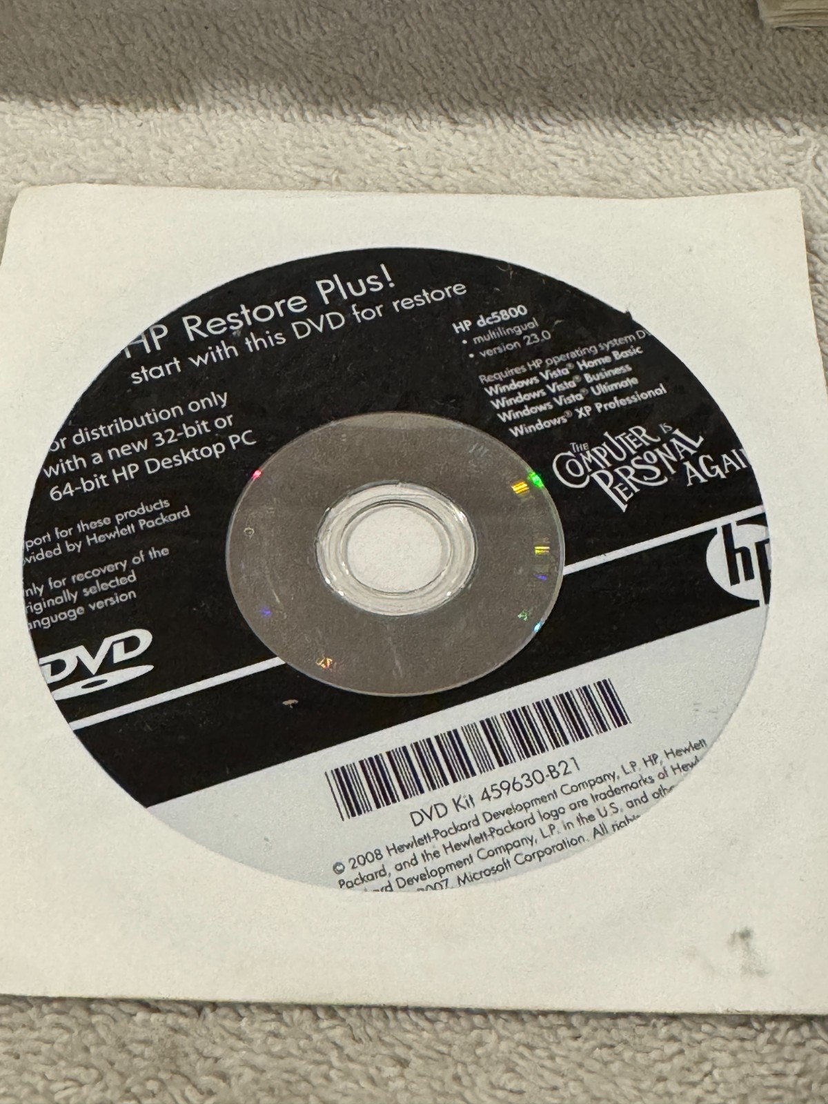 HP Restore Plus HP dc5800 - CD ONLY IN GOOD CONDITION