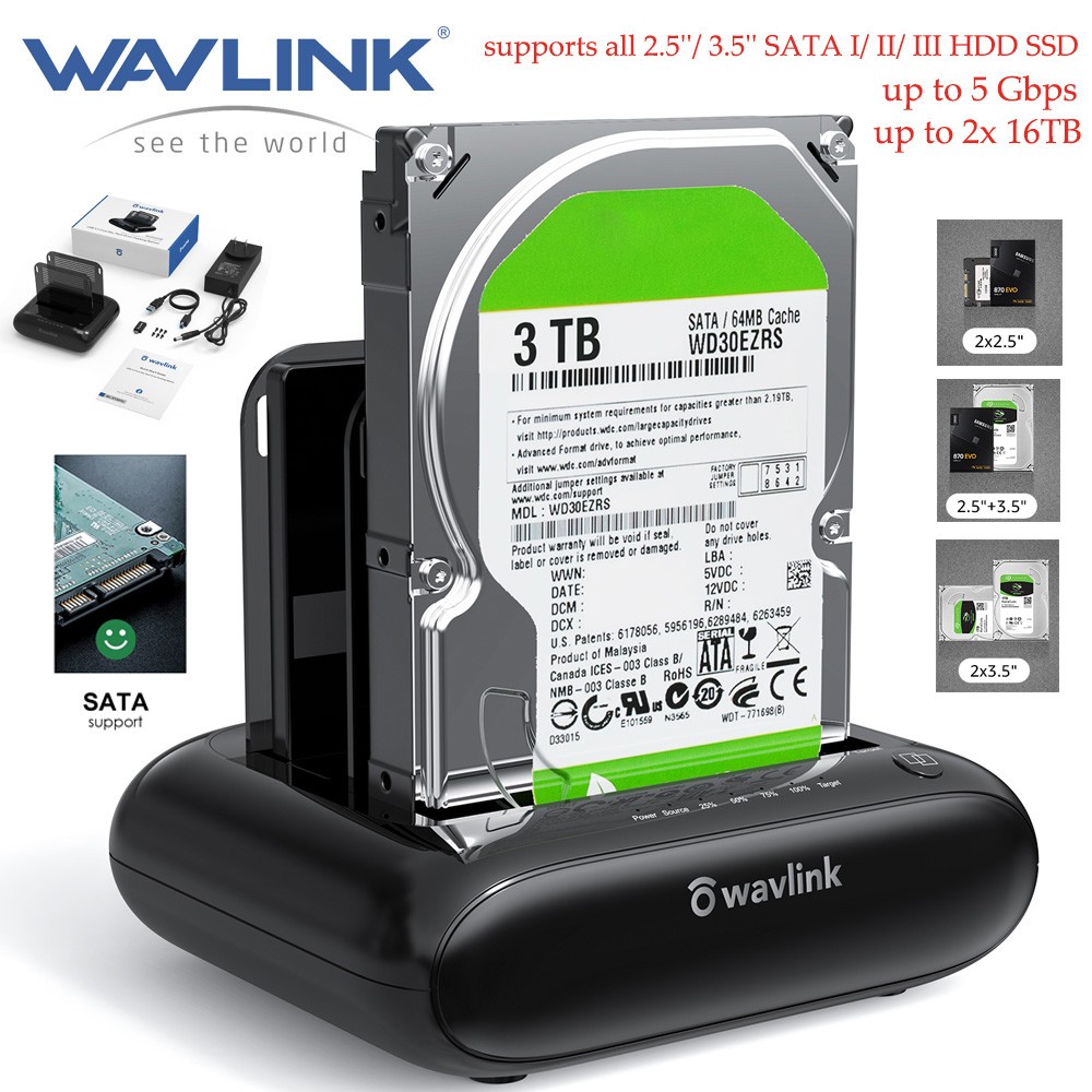 Wavlink HDD SSD Hard Drive Docking Station External Dual Bay Dock 2.5/3.5 Sata