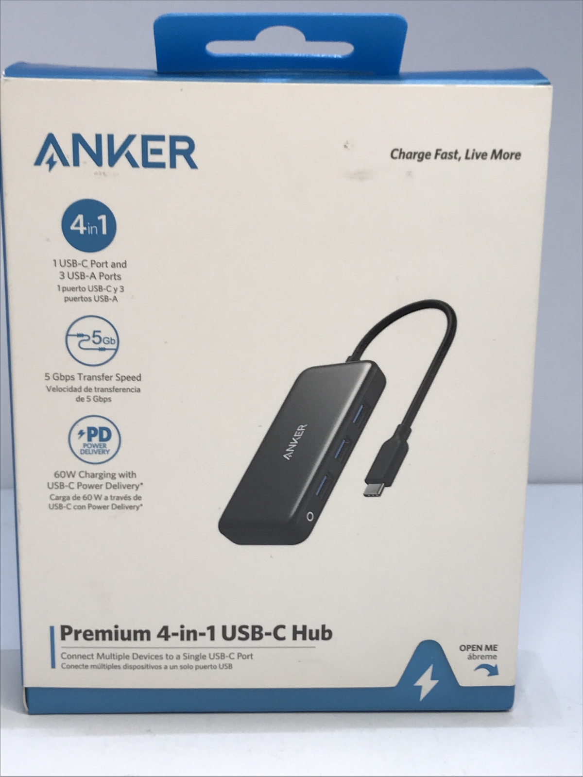 Anker 4-in-1 Premium USB-C Hub, 5 Gbps Transfer Speed, 60W Charging.