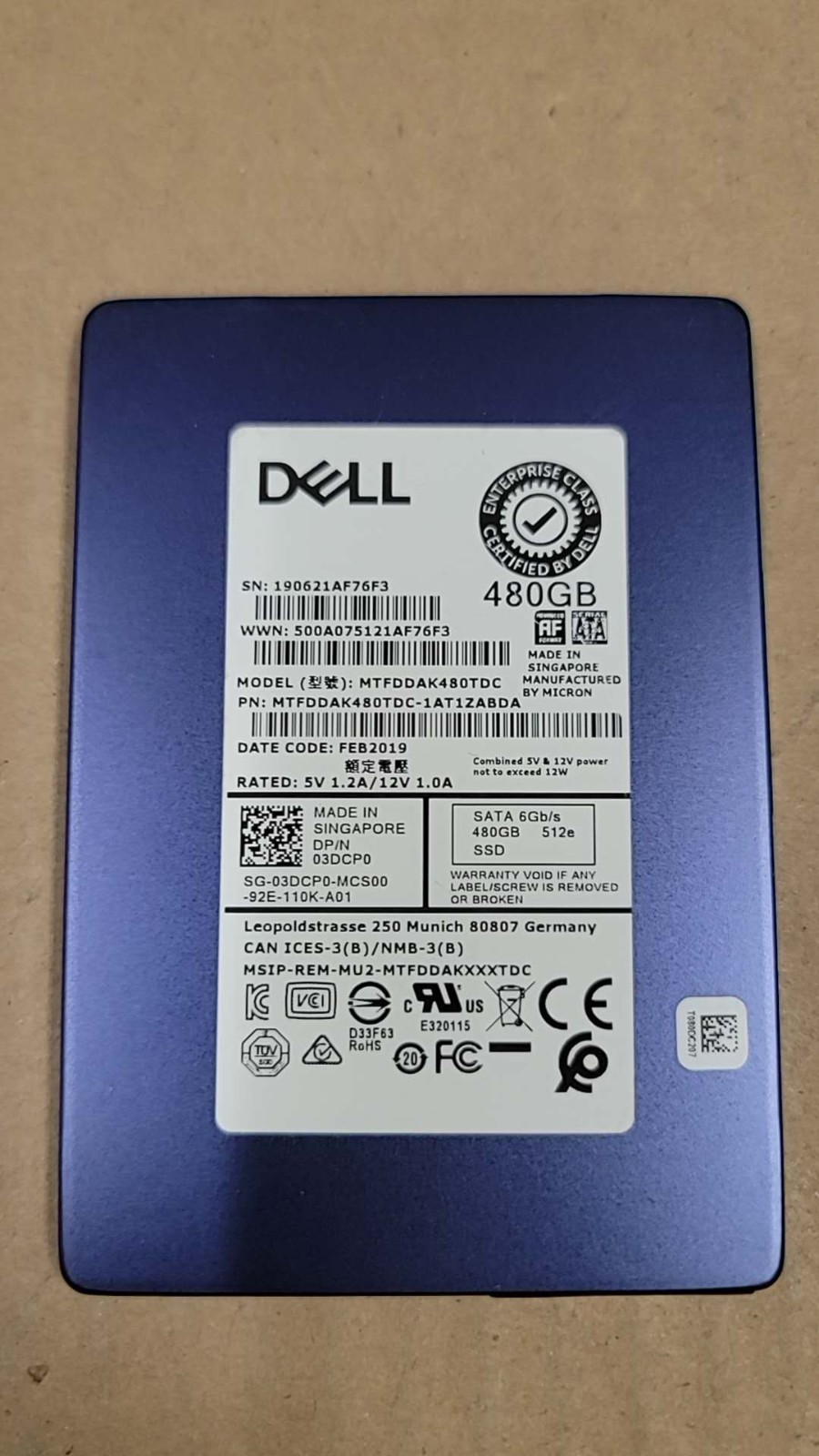 Dell 3DCP0 03DCP0 480GB 2.5" SATA 6Gb/s Read Intensive 512e MTFDDAK480TDC -Note