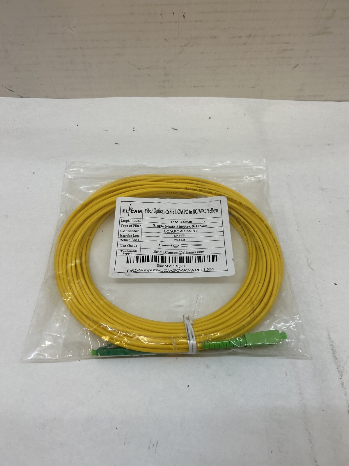 Elfcam - 15m Fiber Optic Cable SC/APC to LC/APC OS2 Singlemode Simplex 