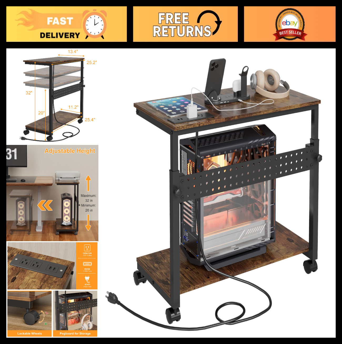 Height Adjustable Computer Tower Stand with Charging Station, 2-Tier CPU Cart, W