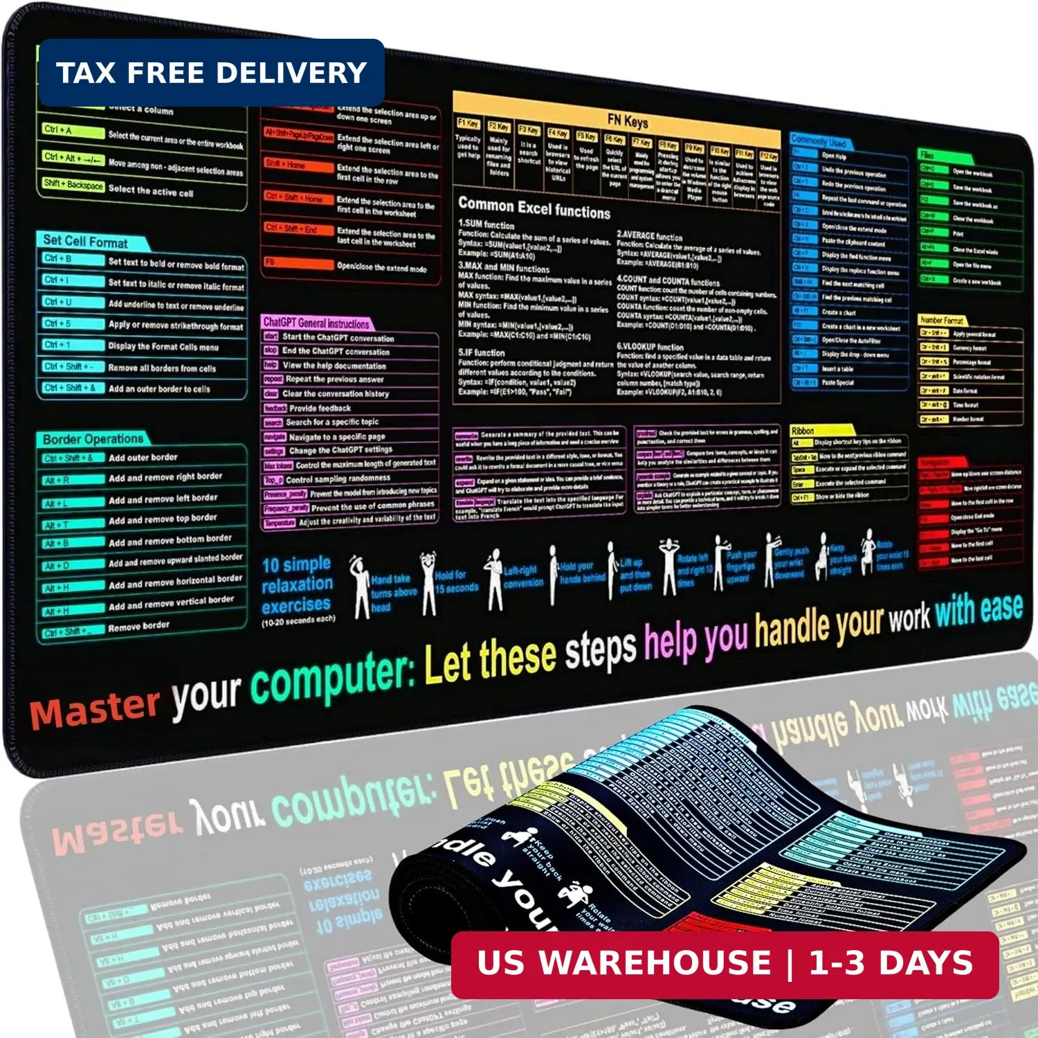 XL Excel Cheat Sheet Mouse Pad 11.8x31.5in Waterproof Non-Slip Desk Mat