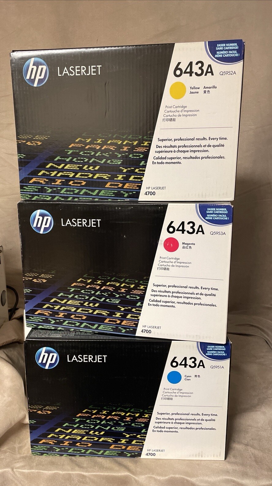 Lot of 3 OEM HP 643A Q5951A Q5952A Q5953A Toner Cartridge 4700 Sealed (Clean)