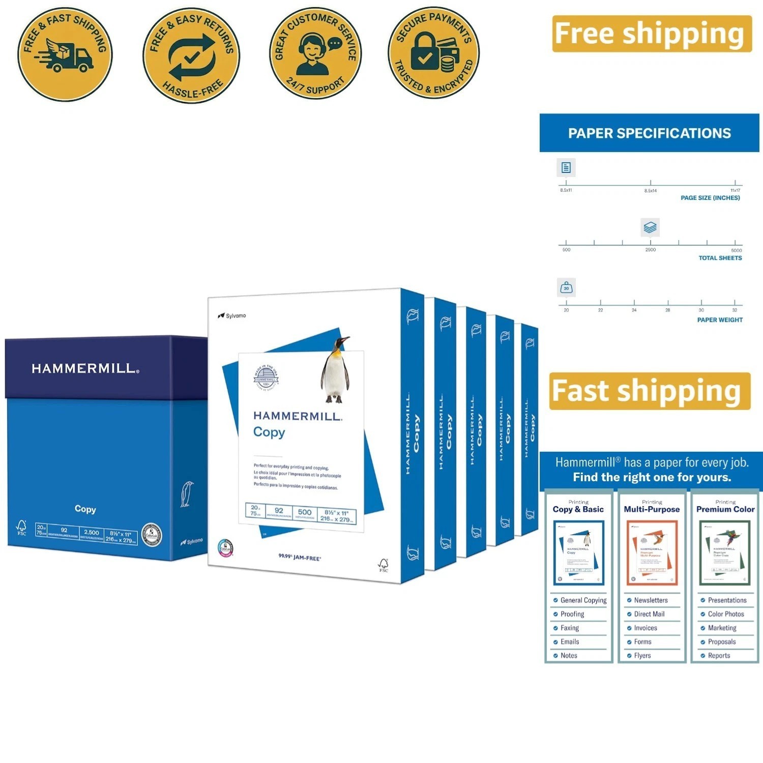 Jam-Free 20 lb Copy Paper - 8.5 x 11, 2500 Sheets - Bright White, Smooth Finish