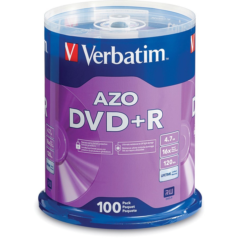Verbatim 95098 AZO DVD+R 4.7GB 16X 120Min 100-Pack Spindle Blank Discs New