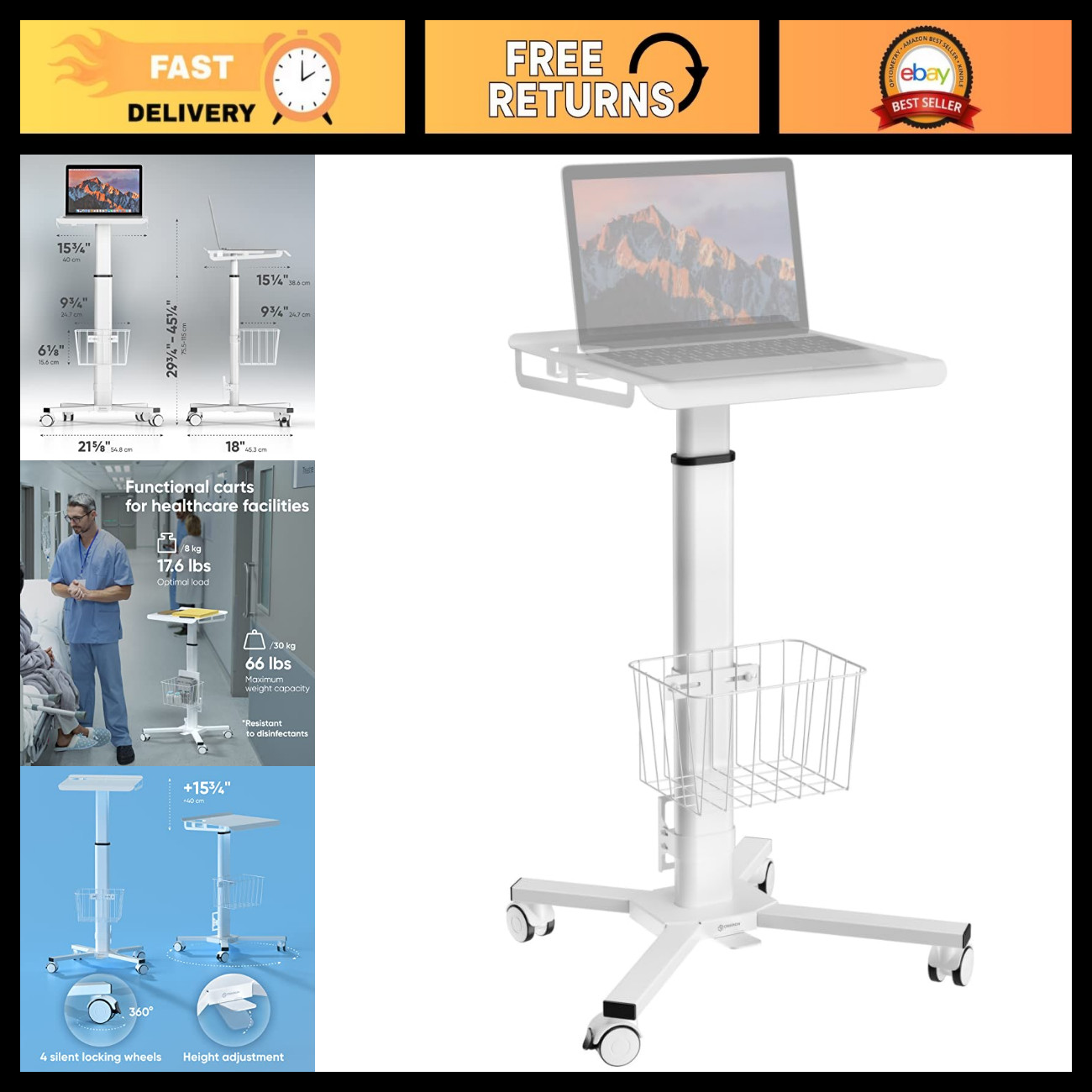 Portable Laptop Cart on Wheels, Max 17.6 lbs, Adjustable Workstation, White