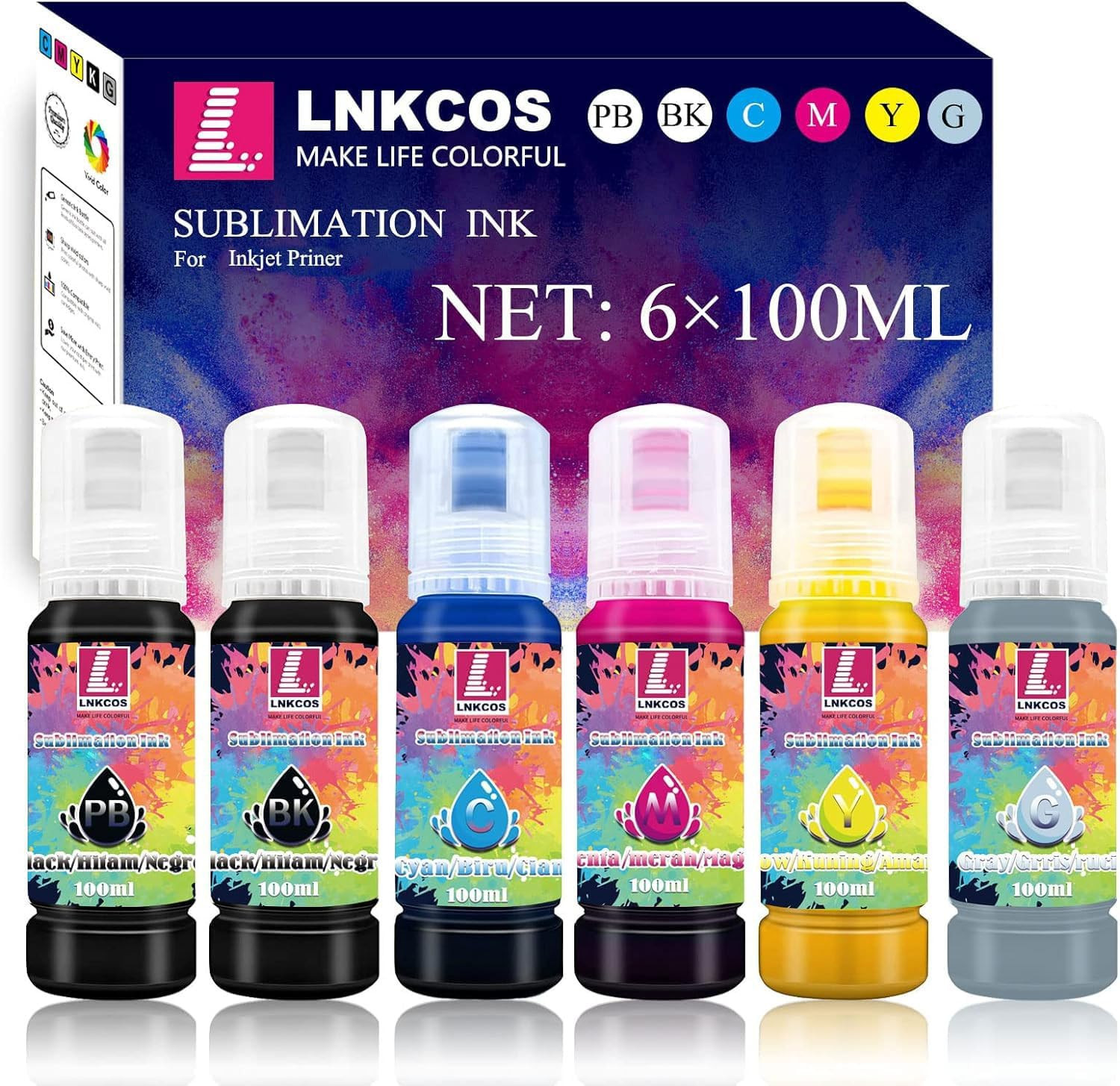 600ML Sublimation Ink 6 Color 6x100ML Wide Format Printer Refill Bottles