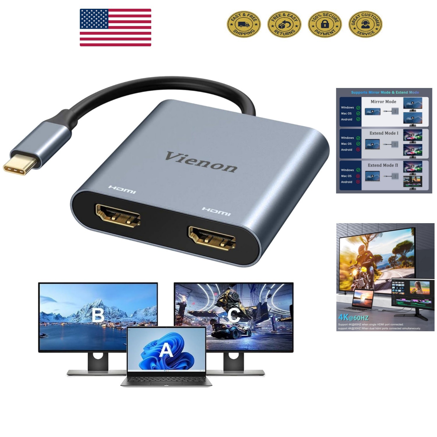USB C to Dual HDMI Adapter 4K@60Hz - Expand Your Display Options Effortlessly