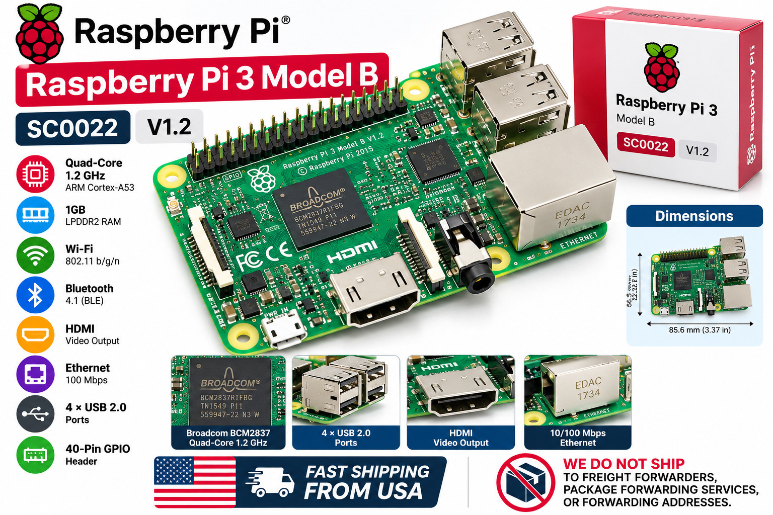 Raspberry Pi 3 Model B V1.2 1GB RAM Quad Core 1.2GHz WiFi Bluetooth SC0022