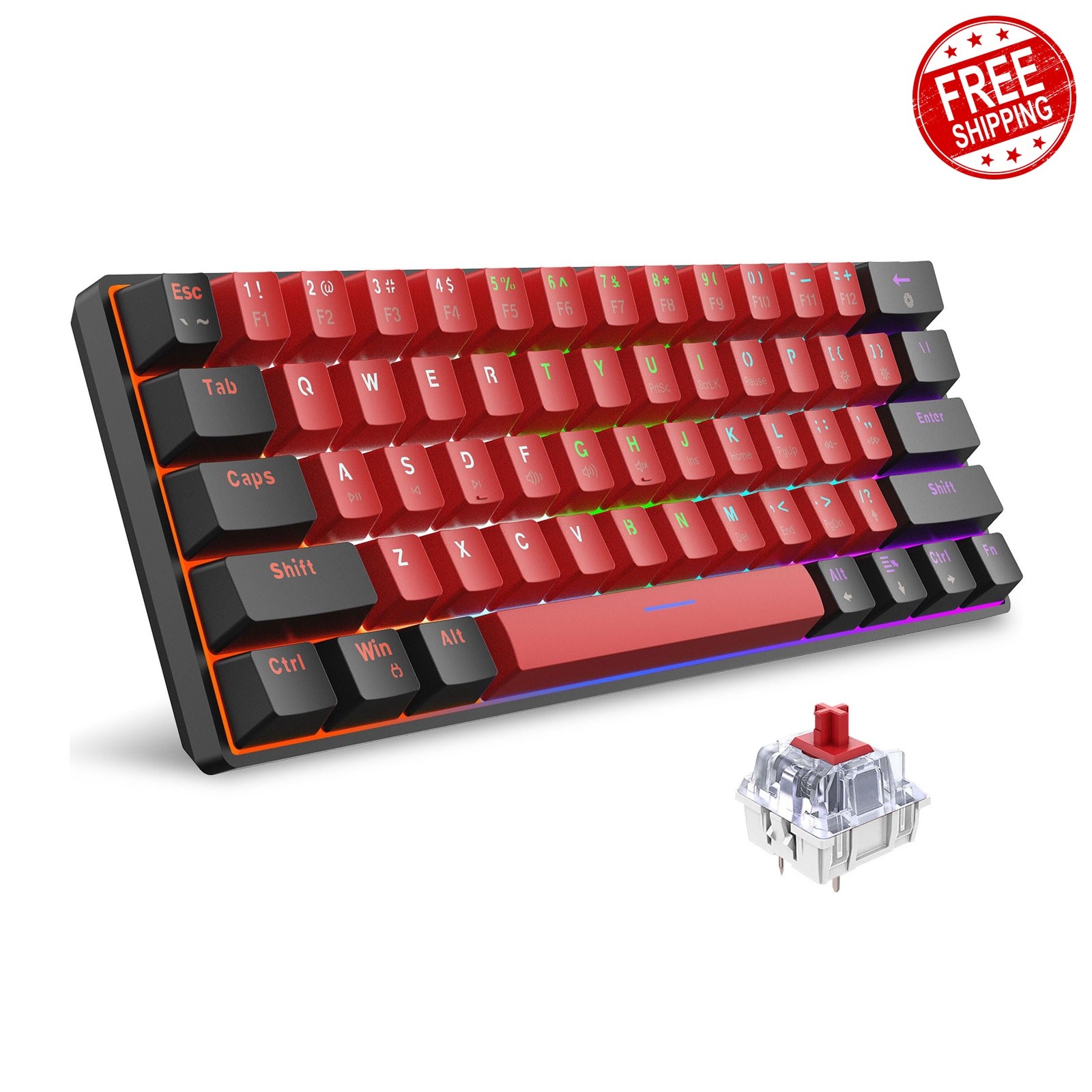 Snpurdiri 60% Wired Mechanical Keyboard Black Red/Red Switch