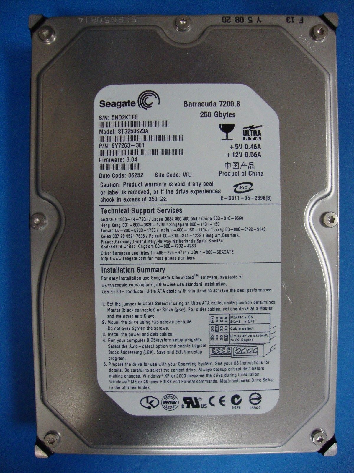 Seagate 250GB IDE 3.5 Hard Drive ST3250623A, 5ND, WU, PN 9Y7263-301, FW 3.04 