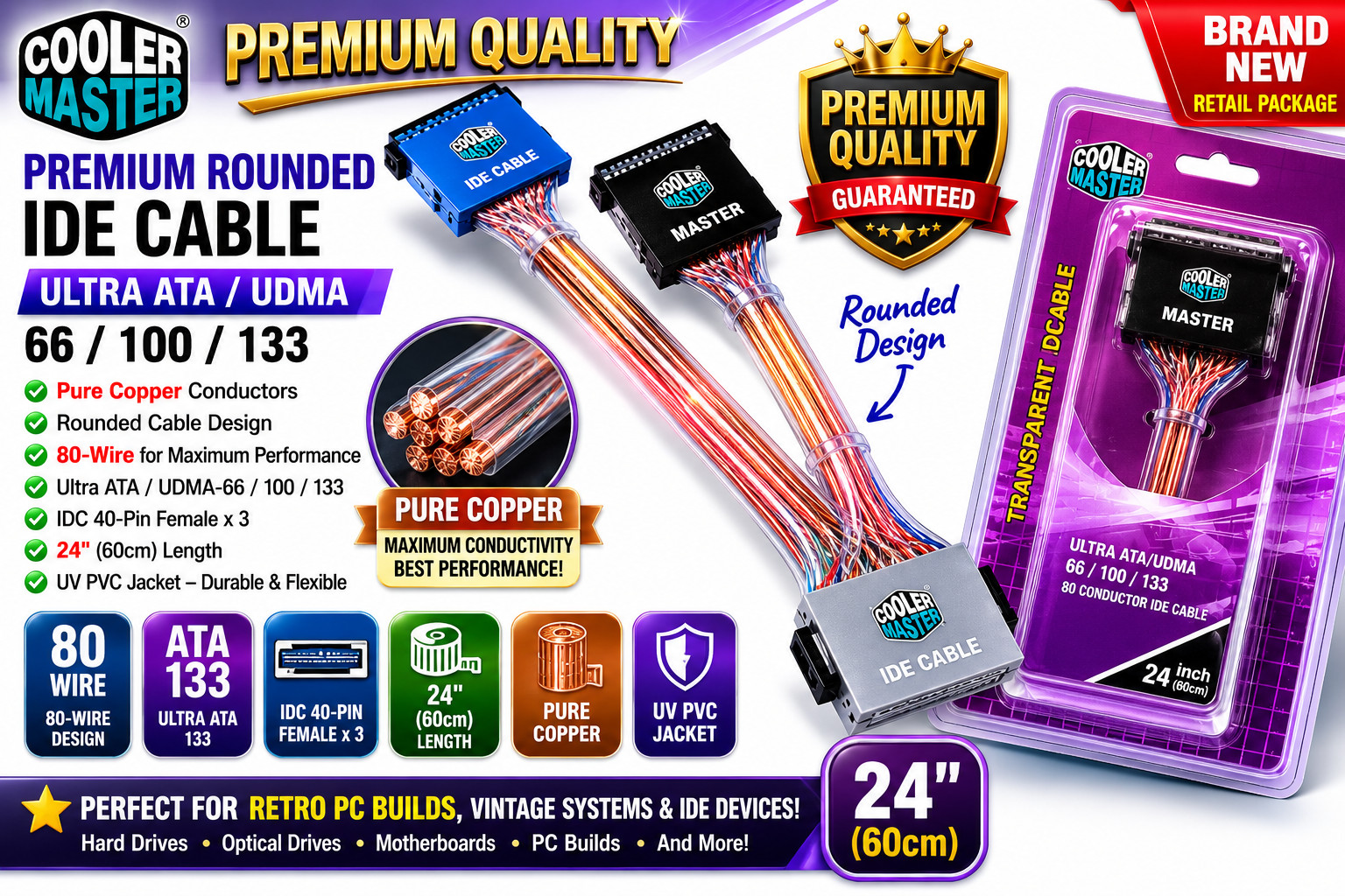 Cooler Master Rounded Pure Copper IDE Cable 24" ATA133 UDMA 80-Wire Retail NEW