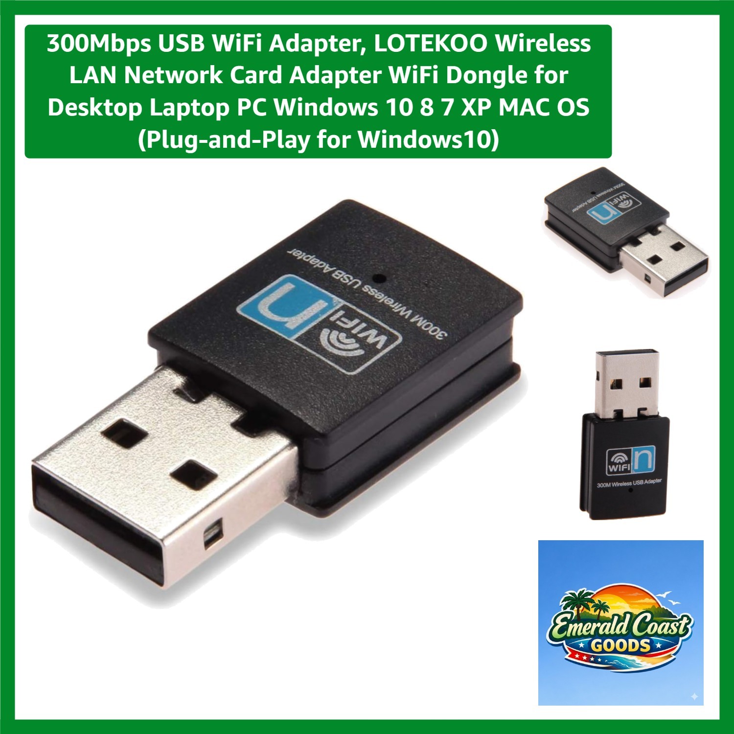 Portable 300Mbps WiFi Adapter for Laptops & Desktops - Internal Antenna Design