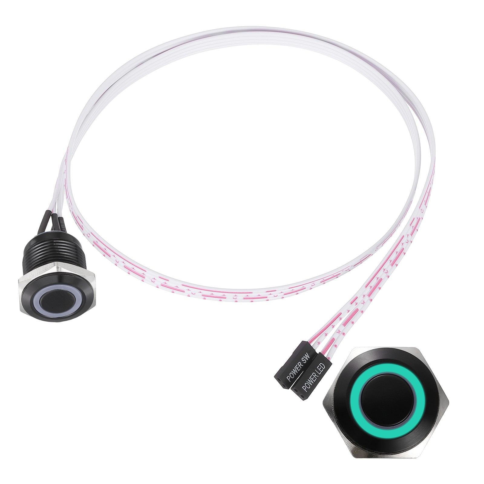 Chassis Metal Button 16mm Ring Green LED Power Button 60cm Wire Black
